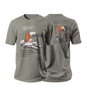 Gray T-shirt featuring a cartoon lion and girl in a spaceship with text about threat intelligence, analytics, and data