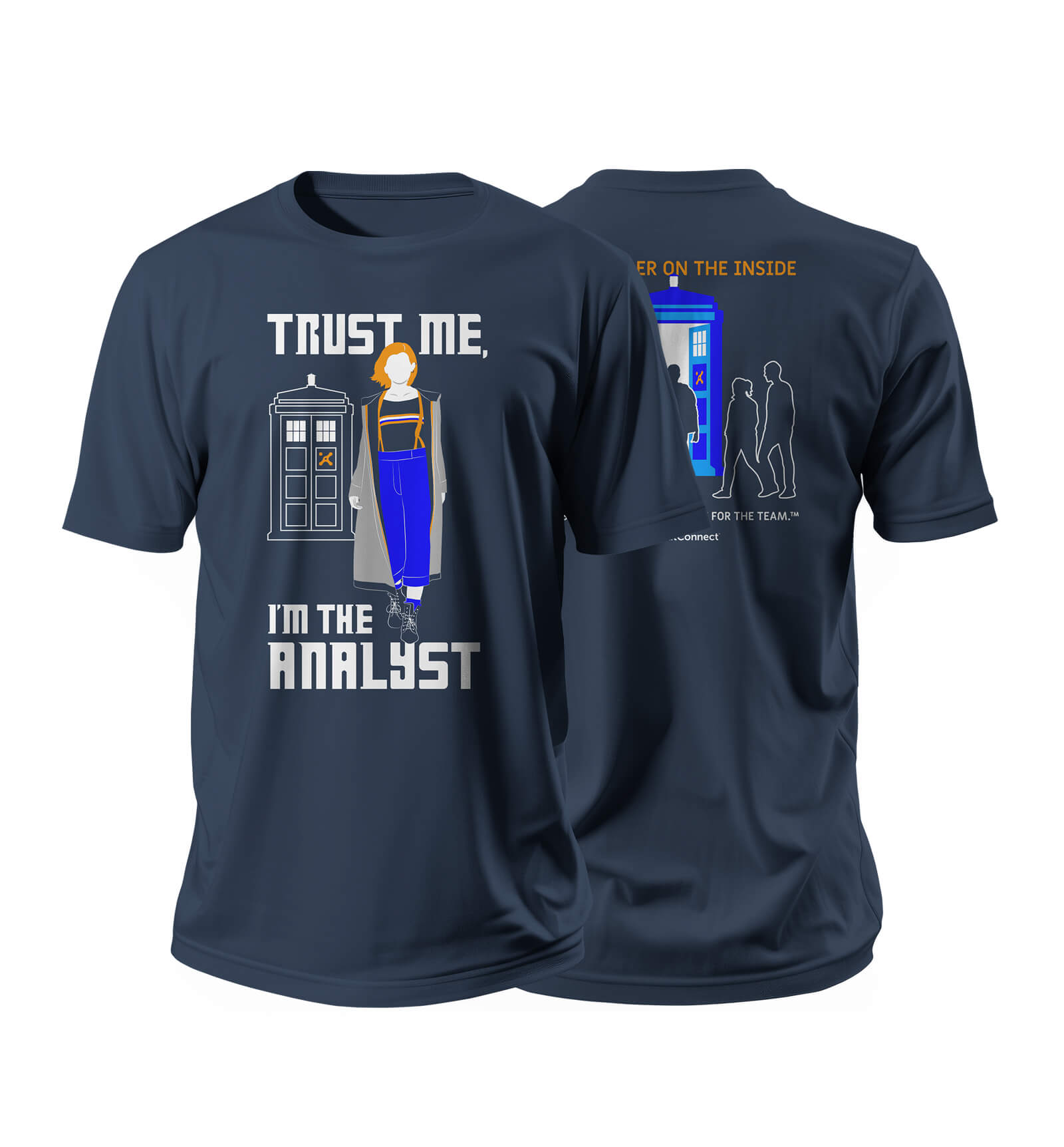Navy T-shirt features a graphic of a woman with the text "Trust me, I'm the analyst" on the front and a silhouette of the