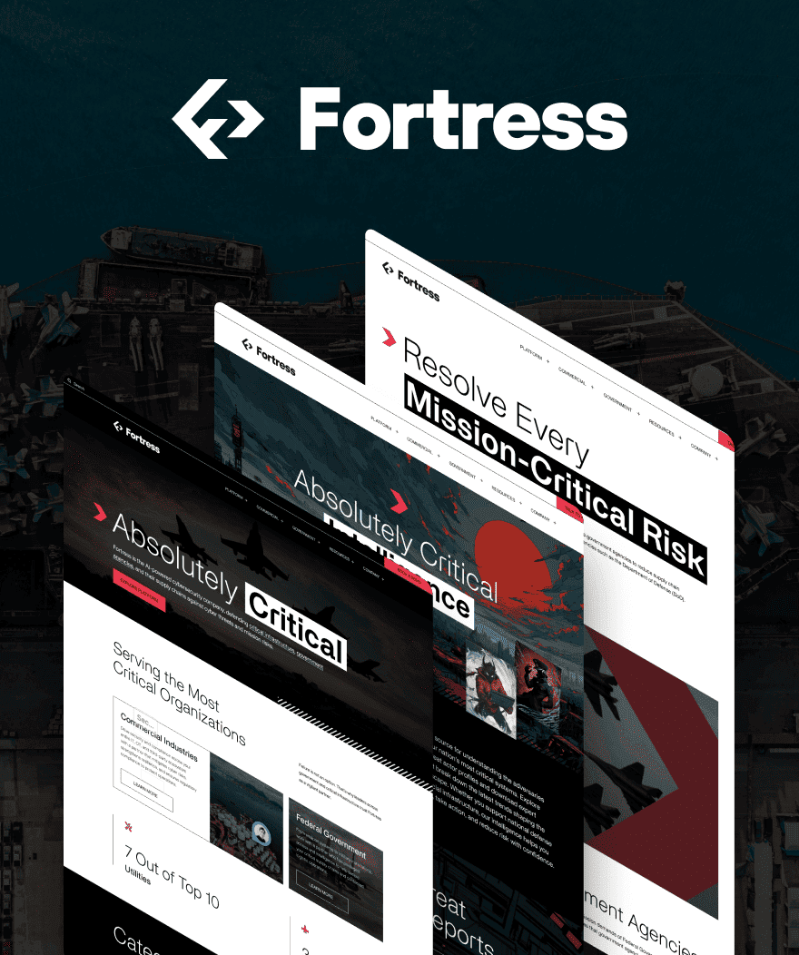 Screenshots of Fortress website pages highlighting mission-critical risk and critical organization services.