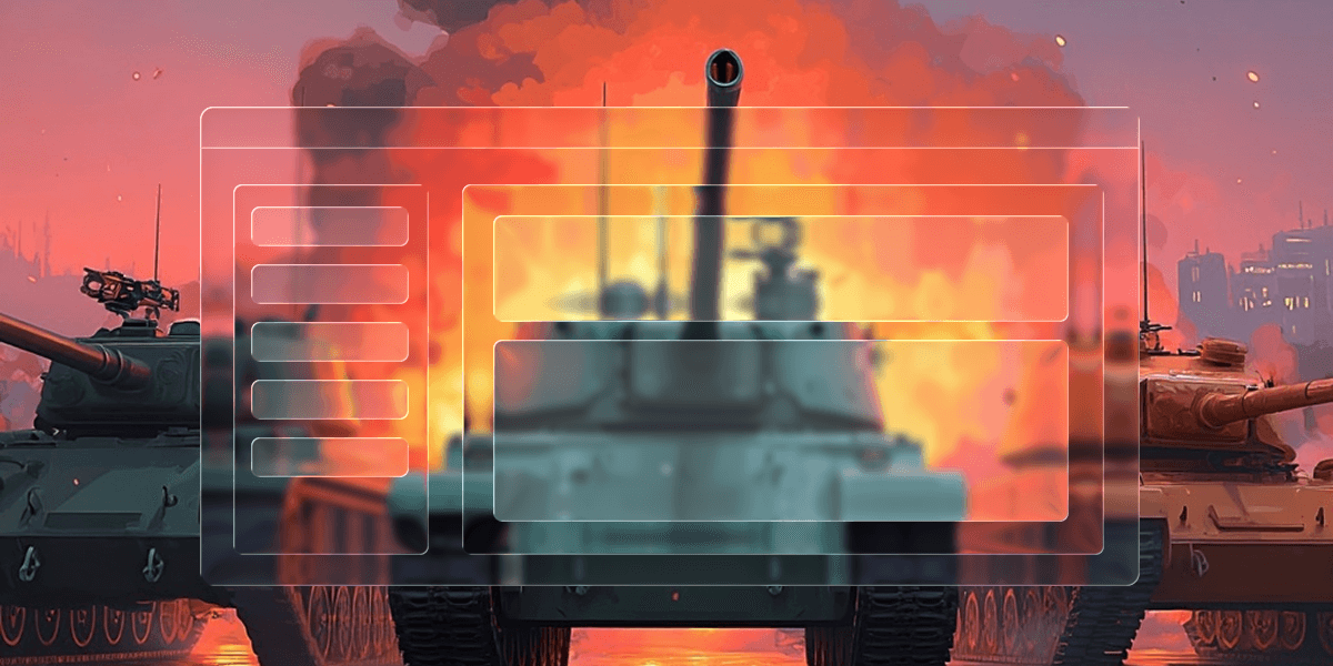Three tanks face forward with a fiery explosion and smoke in the background, overlaid with transparent interface elements.