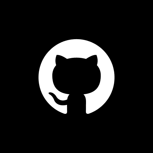A black silhouette of a cat with a curled tail inside a white circle on a black background.