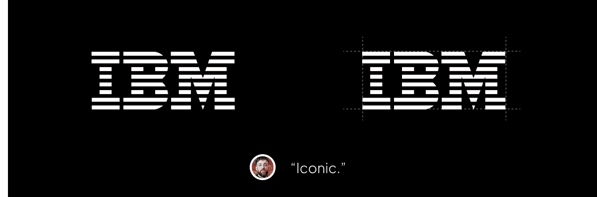 Two versions of the IBM logo, one with spacing and one without, are shown with a caption "Iconic."