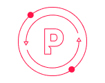 A red circular parking sign with a white "P" and directional arrows around it.