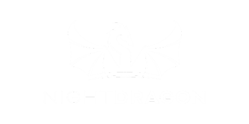 A white dragon with outstretched wings and a fierce expression, positioned above the text "NIGHTDRAGON" on a black