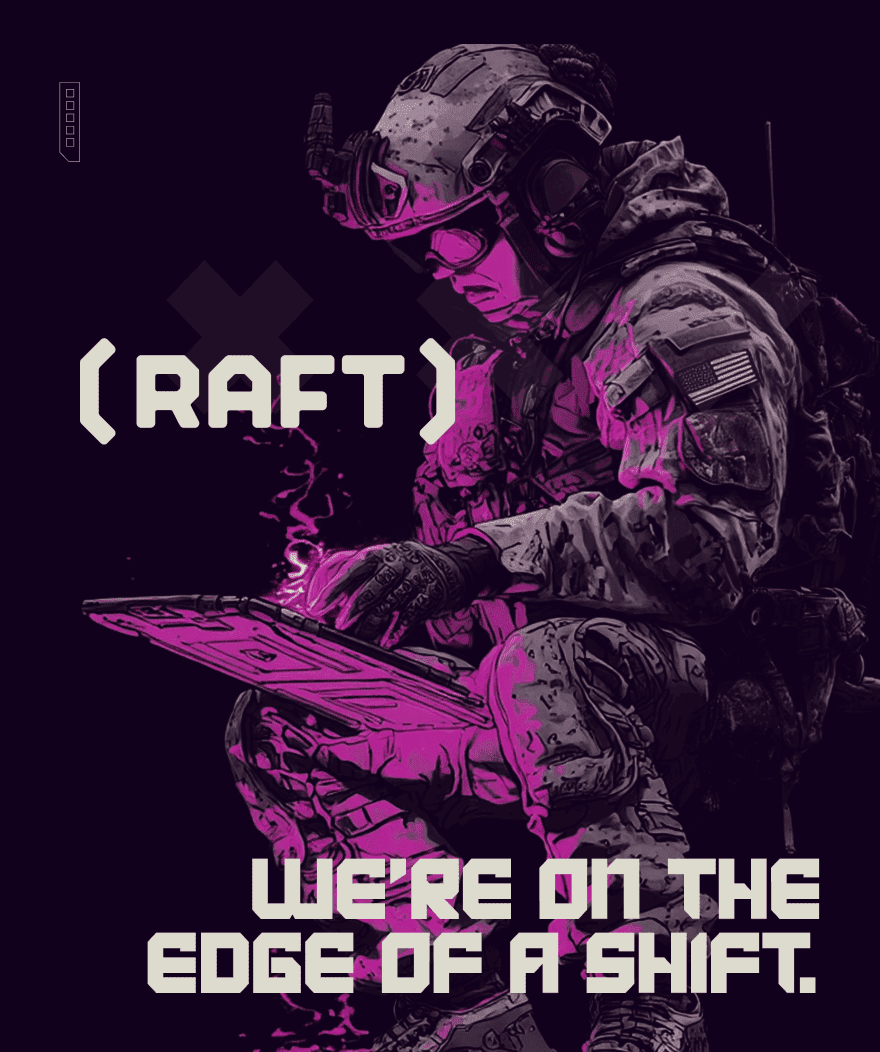 A soldier in tactical gear with a helmet and goggles, holding a tablet, with the text "CRAFT" and "We're on the edge of a