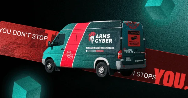 A dark-colored van with "Arms Cyber" branding and a red caution sign, parked in front of a red and black background with