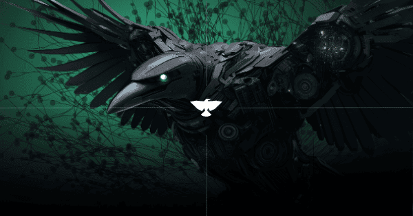 A robotic bird with mechanical wings and a glowing green eye against a dark, abstract background.