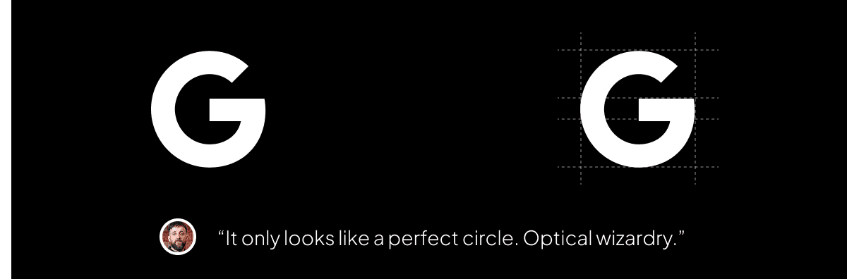 Comparison of two G logos, one with a perfect circle and one with a distorted shape, with a quote about optical illusion.