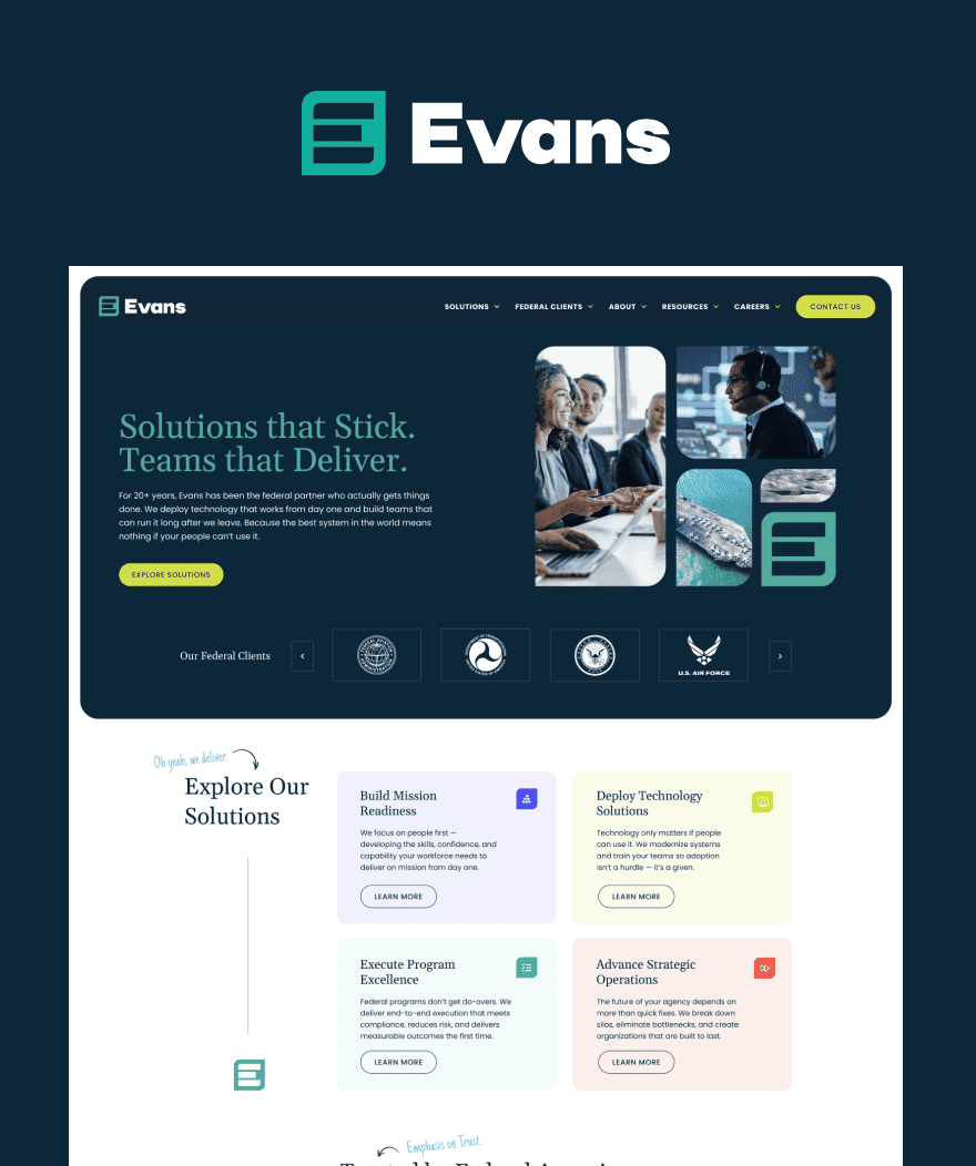 A website homepage for Evans featuring a dark blue background, a logo, navigation menu, and sections about solutions and