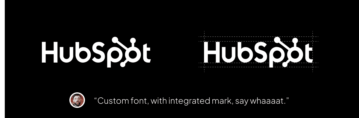 The image compares the original and a custom-designed version of the HubSpot logo with a note about custom fonts and