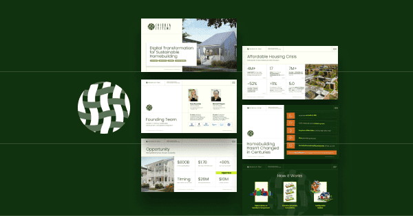 A collection of presentation slides on sustainable homebuilding, affordable housing, team, opportunities, and homebuilding