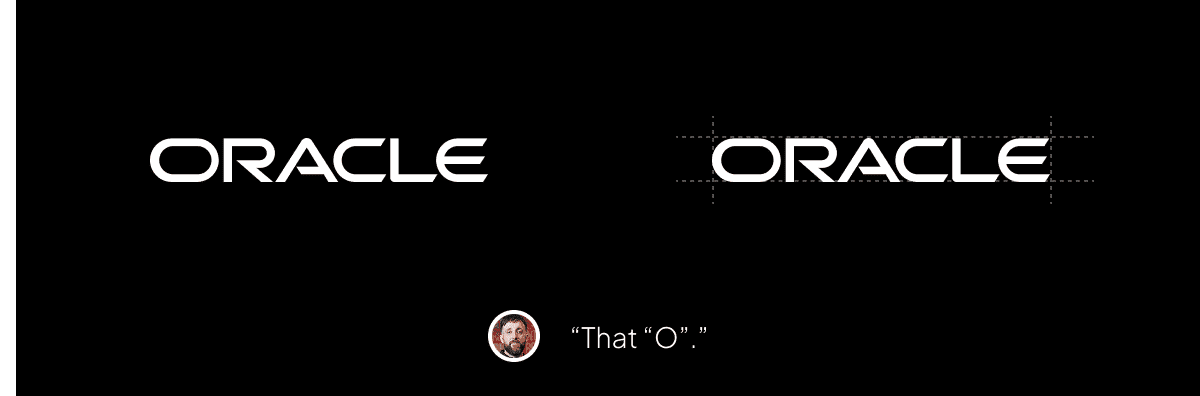 Comparison of two Oracle logos with the caption “That ‘O’” and a small image of a man's face below.
