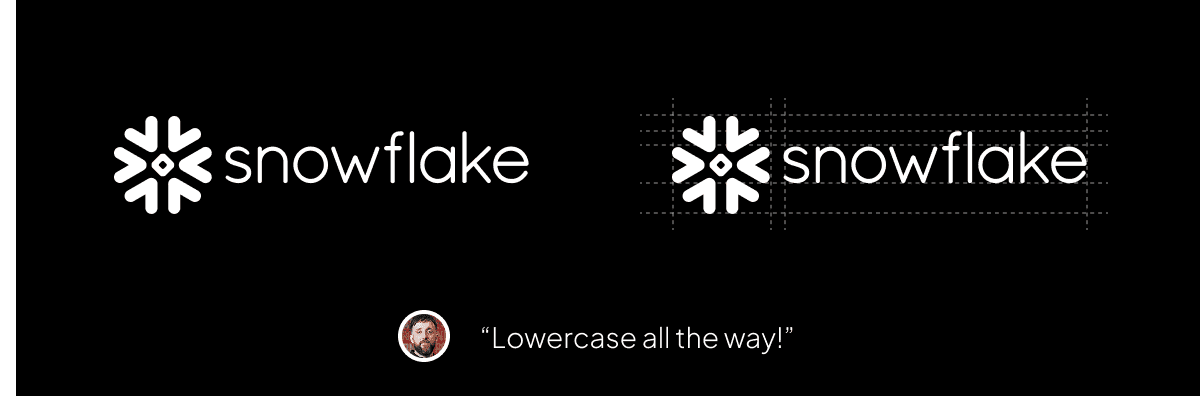 A logo with a snowflake icon and the word "snowflake" in lowercase, accompanied by the phrase "Lowercase all the way!"