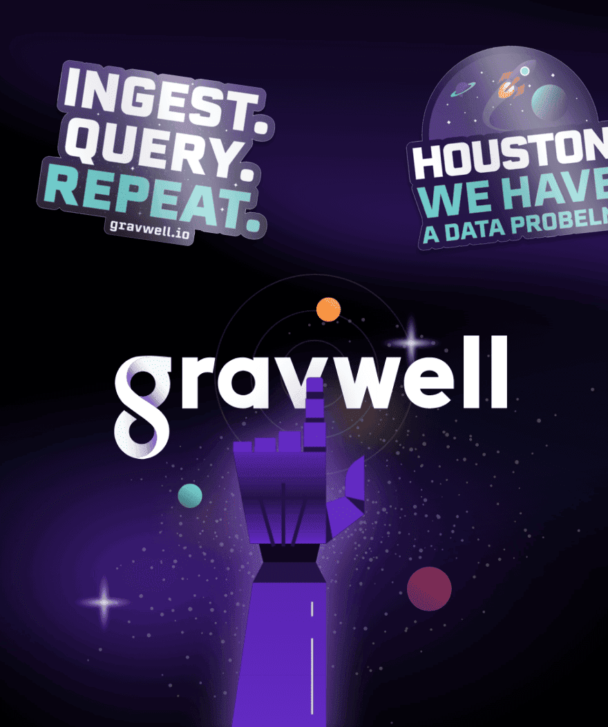 A purple robotic hand points upward with a galaxy background, surrounded by space-themed stickers and the Gravwell logo.