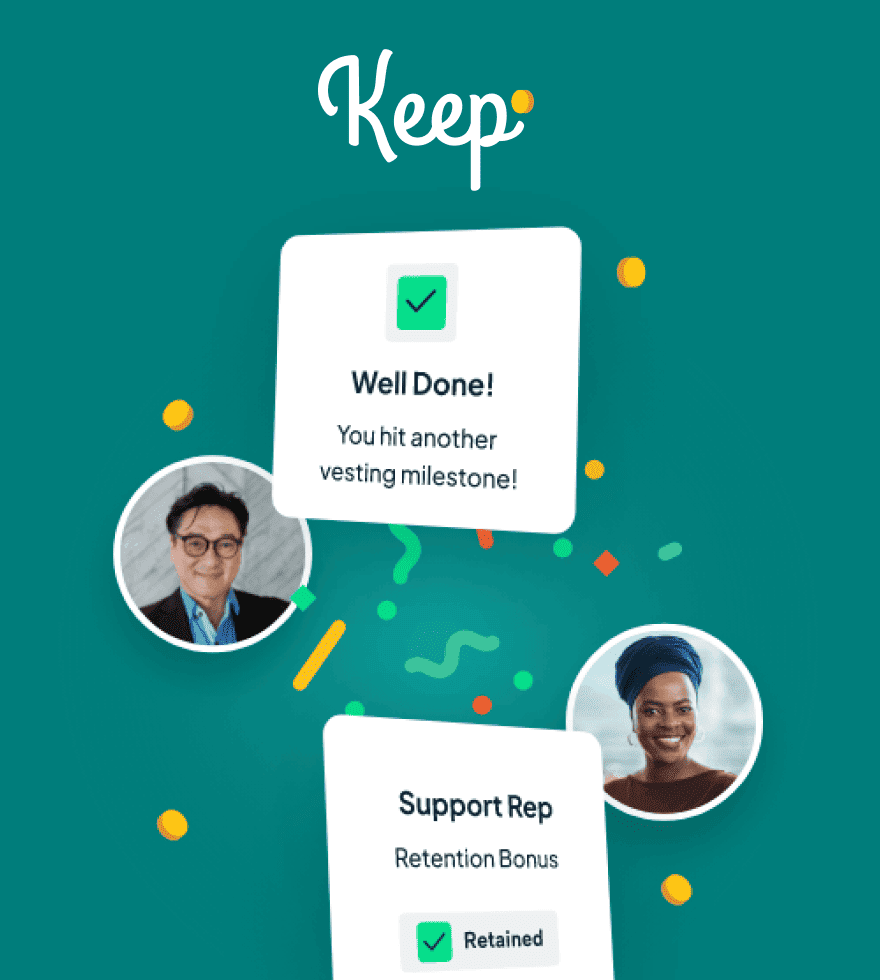 Celebratory graphic with photos of two smiling individuals, congratulating on reaching a milestone and retaining a support