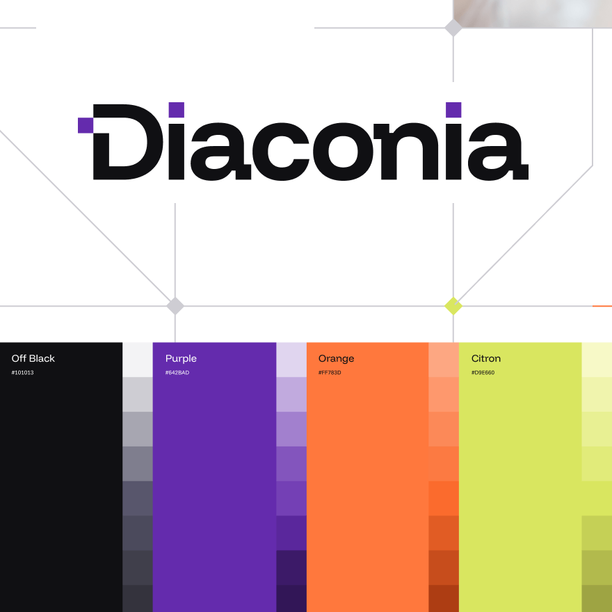 The image features the word "Diaconia" in bold black letters with purple accents, above a color palette including black, purple, orange, and citron.
