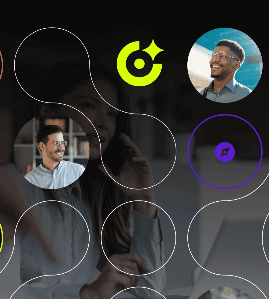 A woman on a phone with overlayed images of smiling men, connected by white lines, on a dark background.