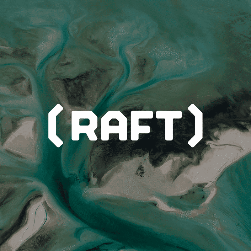 Aerial view of winding turquoise rivers flowing through dark and light land formations with the word "RAFT" in white