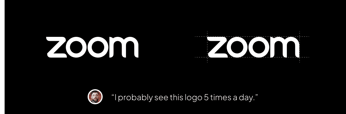 The image compares two versions of the Zoom logo, with a quote saying, "I probably see this logo 5 times a day."
